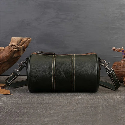 1-511 Cylinder Shape Cowhide Leather Crossbody Bag Women Travel Shoulder Bag