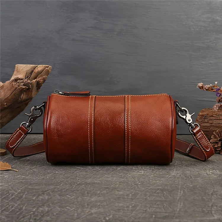 1-511 Cylinder Shape Cowhide Leather Crossbody Bag Women Travel Shoulder Bag