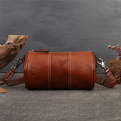1-511 Cylinder Shape Cowhide Leather Crossbody Bag Women Travel Shoulder Bag