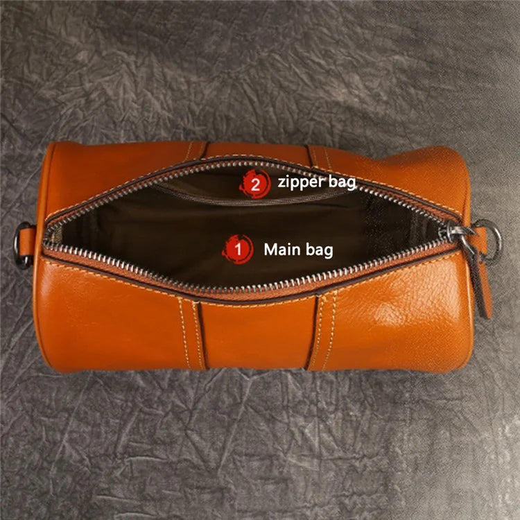 1-511 Cylinder Shape Cowhide Leather Crossbody Bag Women Travel Shoulder Bag