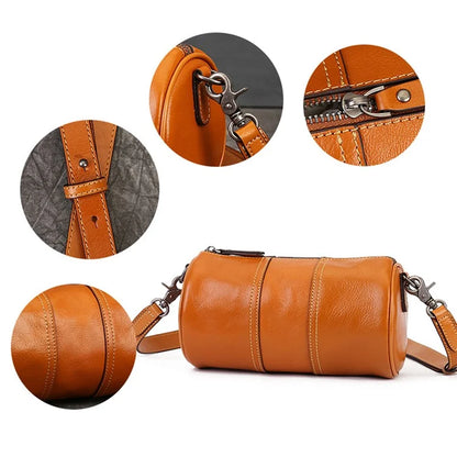 1-511 Cylinder Shape Cowhide Leather Crossbody Bag Women Travel Shoulder Bag
