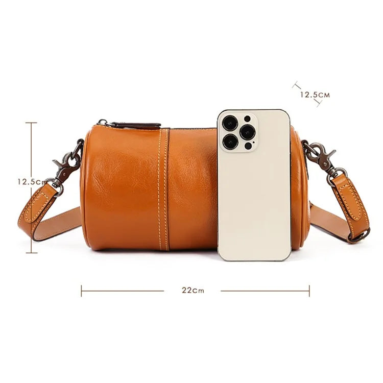 1-511 Cylinder Shape Cowhide Leather Crossbody Bag Women Travel Shoulder Bag