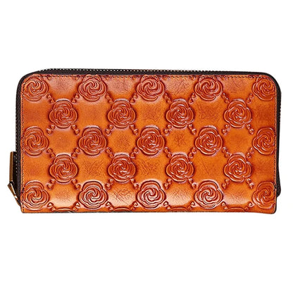 9738 Teen Girls Long Wallet Cowhide Leather Card Storage Holder Pouch Zipper Billfold for Women