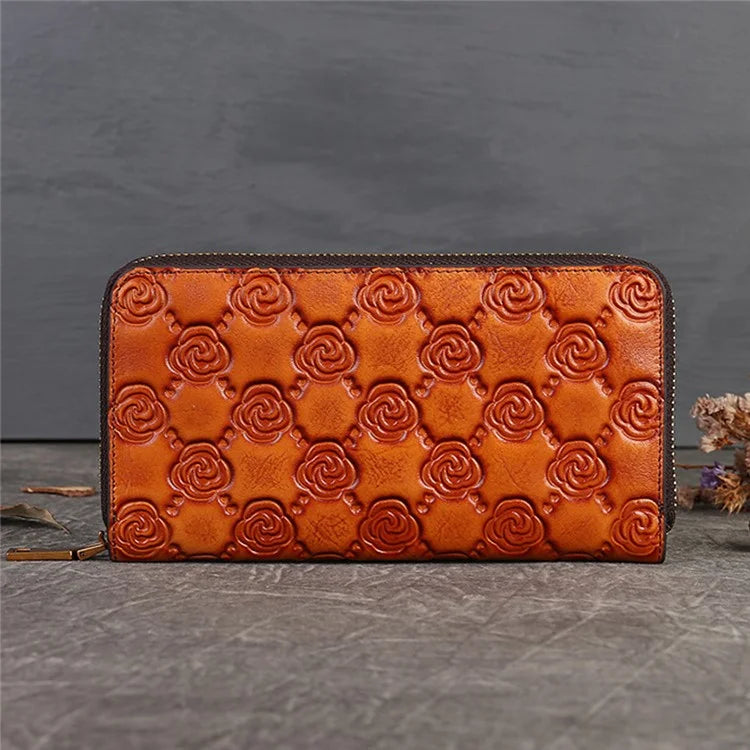 9738 Teen Girls Long Wallet Cowhide Leather Card Storage Holder Pouch Zipper Billfold for Women