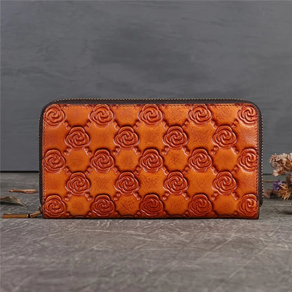 9738 Teen Girls Long Wallet Cowhide Leather Card Storage Holder Pouch Zipper Billfold for Women