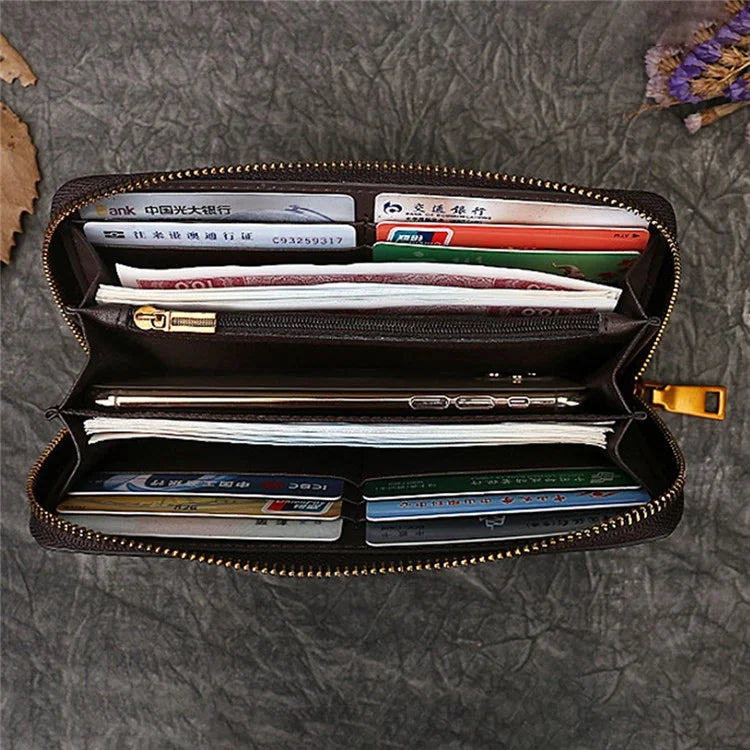 9738 Teen Girls Long Wallet Cowhide Leather Card Storage Holder Pouch Zipper Billfold for Women