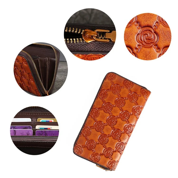 9738 Teen Girls Long Wallet Cowhide Leather Card Storage Holder Pouch Zipper Billfold for Women