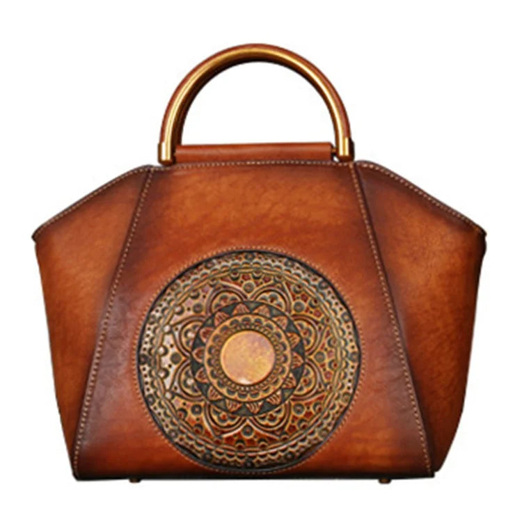 S1156 Cowhide Leather Handbag Dumpling Satchel Vintage Totem Shoulder Bag
