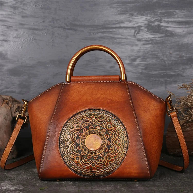 S1156 Cowhide Leather Handbag Dumpling Satchel Vintage Totem Shoulder Bag