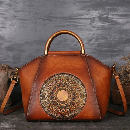S1156 Cowhide Leather Handbag Dumpling Satchel Vintage Totem Shoulder Bag