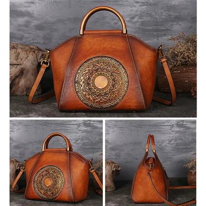 S1156 Cowhide Leather Handbag Dumpling Satchel Vintage Totem Shoulder Bag