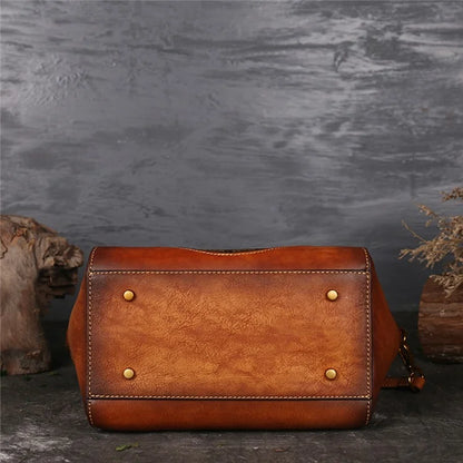 S1156 Cowhide Leather Handbag Dumpling Satchel Vintage Totem Shoulder Bag