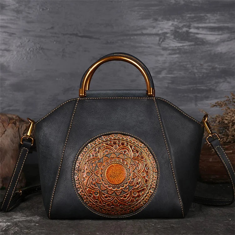 S1156 Cowhide Leather Handbag Dumpling Satchel Vintage Totem Shoulder Bag