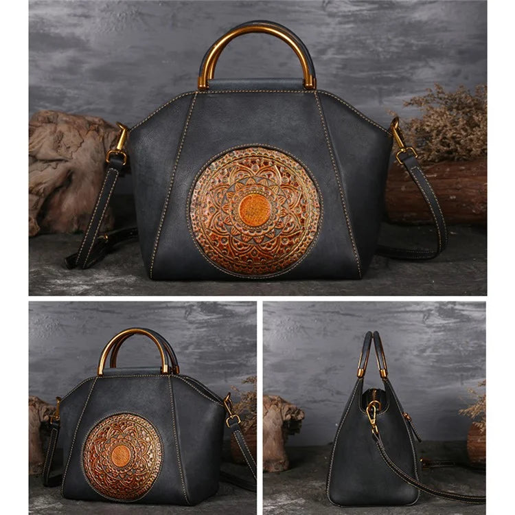 S1156 Cowhide Leather Handbag Dumpling Satchel Vintage Totem Shoulder Bag