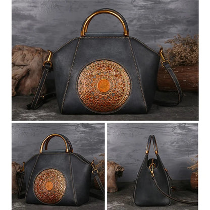 S1156 Cowhide Leather Handbag Dumpling Satchel Vintage Totem Shoulder Bag