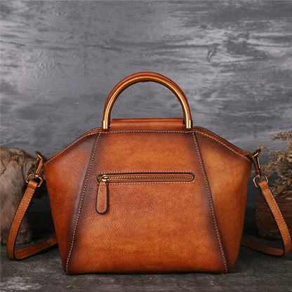 S1156 Cowhide Leather Handbag Dumpling Satchel Vintage Totem Shoulder Bag