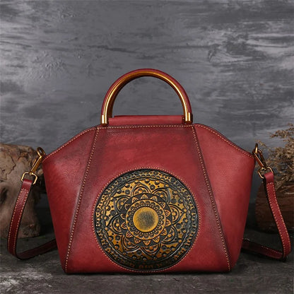 S1156 Cowhide Leather Handbag Dumpling Satchel Vintage Totem Shoulder Bag