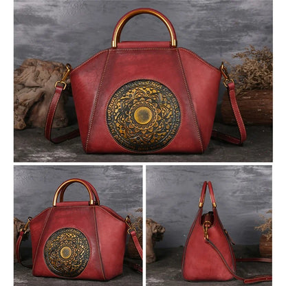 S1156 Cowhide Leather Handbag Dumpling Satchel Vintage Totem Shoulder Bag
