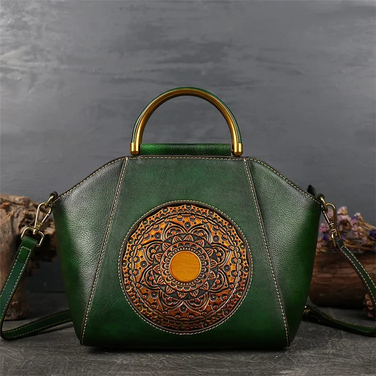 S1156 Cowhide Leather Handbag Satchel Vintage Totem Shoulder Bag