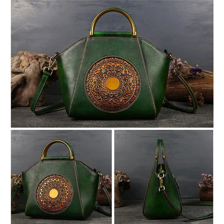 S1156 Cowhide Leather Handbag Satchel Vintage Totem Shoulder Bag