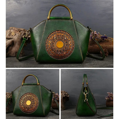 S1156 Cowhide Leather Handbag Satchel Vintage Totem Shoulder Bag