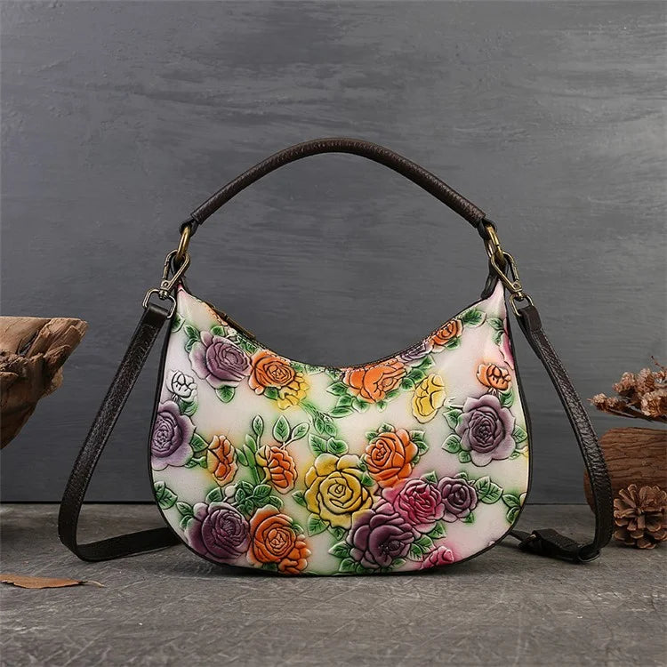 5016 Small Purse for Women Rose Pattern Cowhide Leather Handbag Crossbody Bag