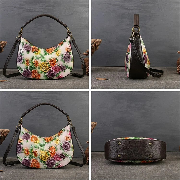 5016 Small Purse for Women Rose Pattern Cowhide Leather Handbag Crossbody Bag