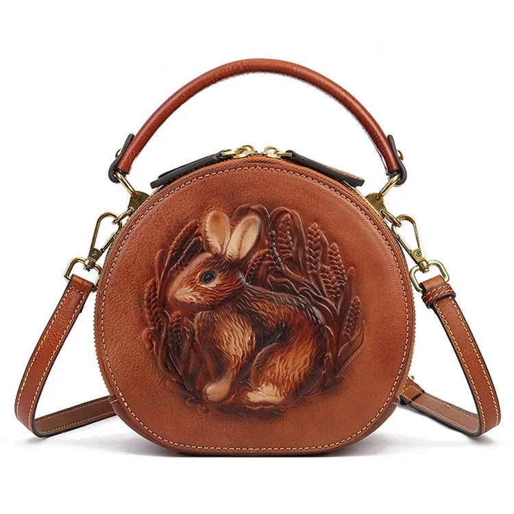 6222 Small Handbag Rabbit Pattern Cowhide Leather Round Bag Crossbody Shoulder Bag