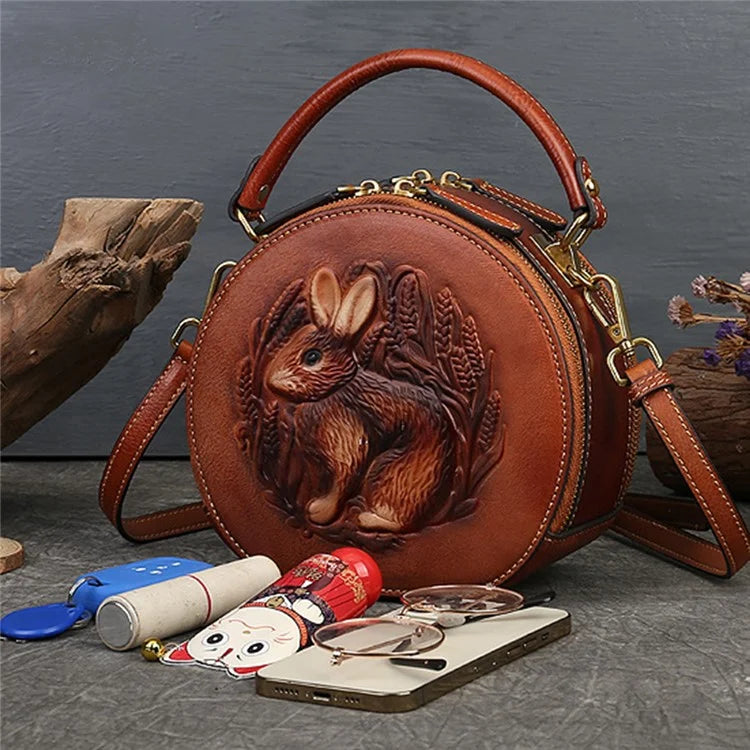 6222 Small Handbag Rabbit Pattern Cowhide Leather Round Bag Crossbody Shoulder Bag