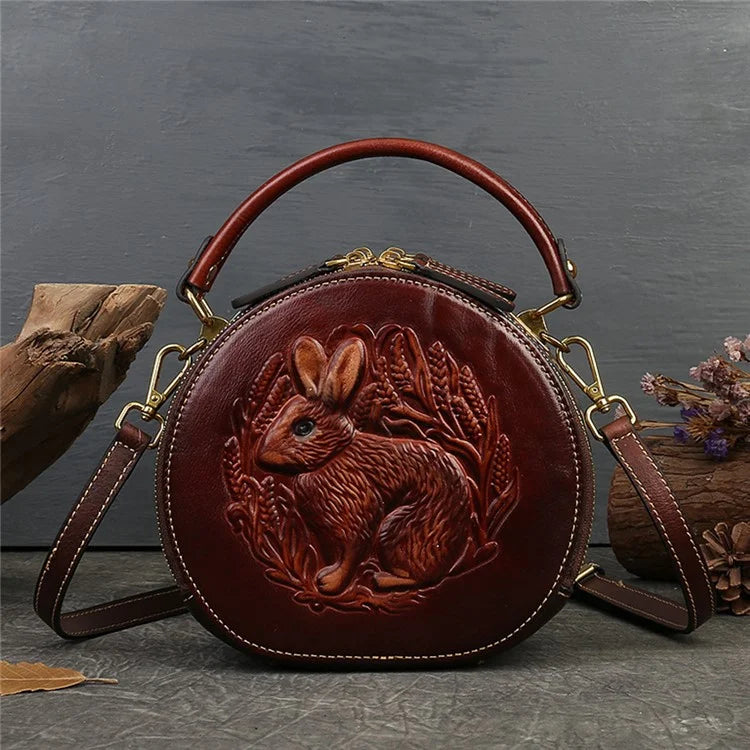 6222 Small Handbag Rabbit Pattern Cowhide Leather Round Bag Crossbody Shoulder Bag
