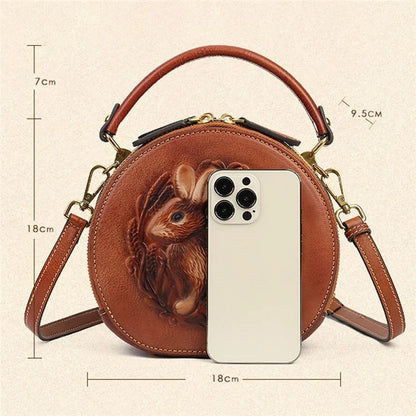 6222 Small Handbag Rabbit Pattern Cowhide Leather Round Bag Crossbody Shoulder Bag