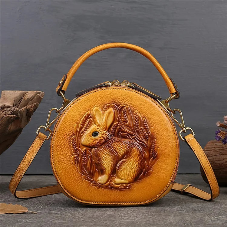 6222 Small Handbag Rabbit Pattern Cowhide Leather Round Bag Crossbody Shoulder Bag