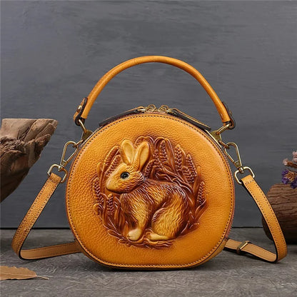 6222 Small Handbag Rabbit Pattern Cowhide Leather Round Bag Crossbody Shoulder Bag