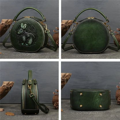 6222 Small Handbag Rabbit Pattern Cowhide Leather Round Bag Crossbody Shoulder Bag