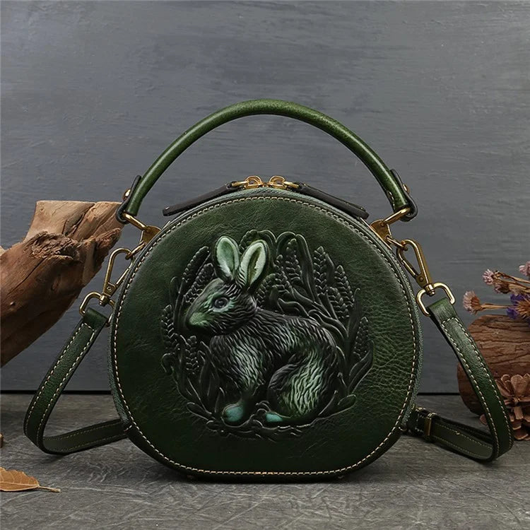 6222 Small Handbag Rabbit Pattern Cowhide Leather Round Bag Crossbody Shoulder Bag