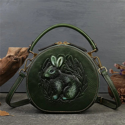 6222 Small Handbag Rabbit Pattern Cowhide Leather Round Bag Crossbody Shoulder Bag