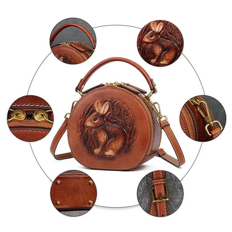 6222 Small Handbag Rabbit Pattern Cowhide Leather Round Bag Crossbody Shoulder Bag