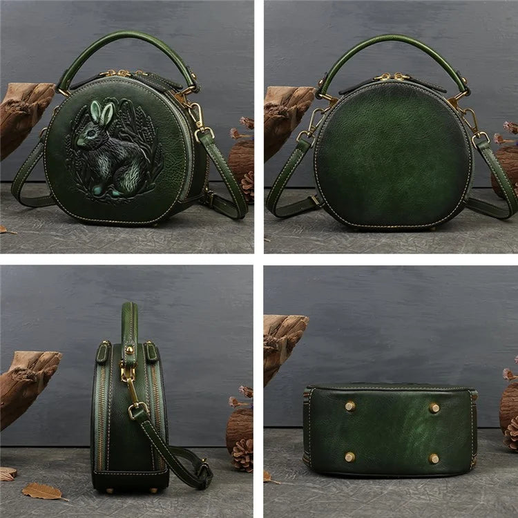 6222 Small Handbag Rabbit Pattern Cowhide Leather Round Bag Crossbody Shoulder Bag