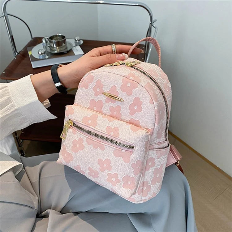 Lovely Flower Pattern Canvas Backpack Women Casual Small Dual Shoulder Bag