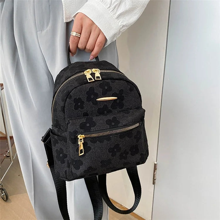 Lovely Flower Pattern Canvas Backpack Women Casual Small Dual Shoulder Bag