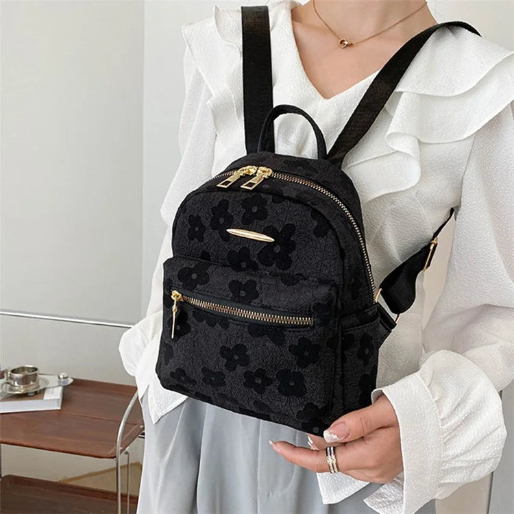 Lovely Flower Pattern Canvas Backpack Women Casual Small Dual Shoulder Bag