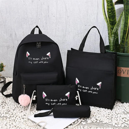 4Pcs Casual Student School Backpack Set Tote Sling Shoulder Bag Pencil Case Canvas Travel Bag Kit