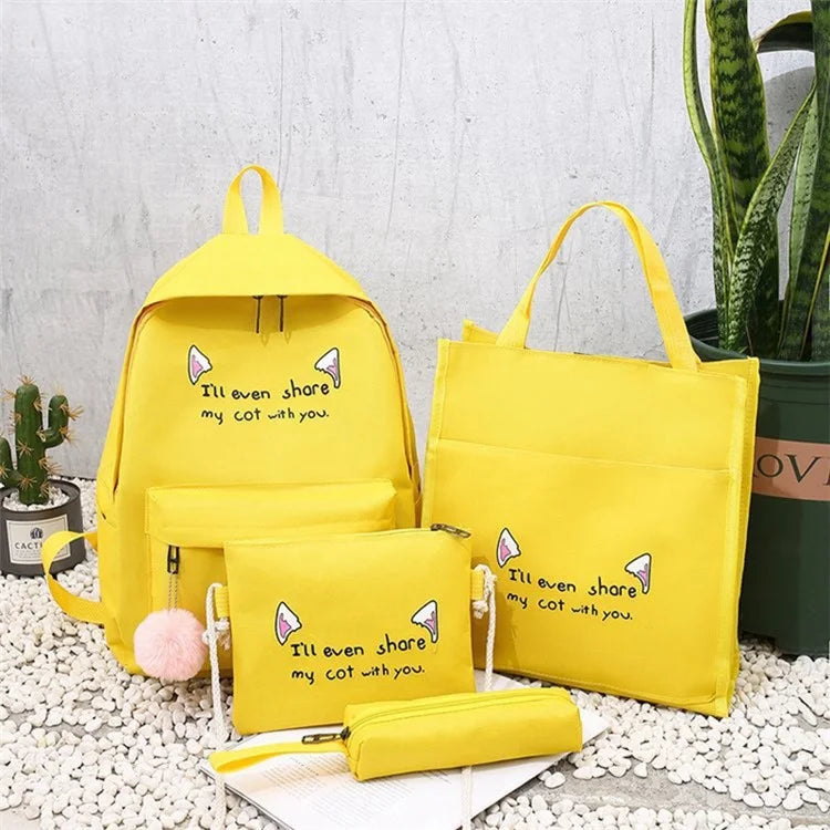 4Pcs Casual Student School Backpack Set Tote Sling Shoulder Bag Pencil Case Canvas Travel Bag Kit