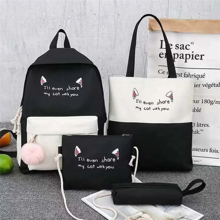 4Pcs Casual Student School Backpack Set Tote Sling Shoulder Bag Pencil Case Canvas Travel Bag Kit White