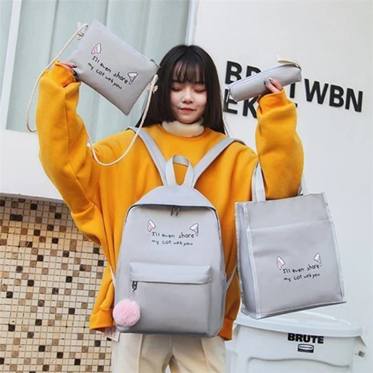 4Pcs Casual Student School Backpack Set Tote Sling Shoulder Bag Pencil Case Canvas Travel Bag Kit White