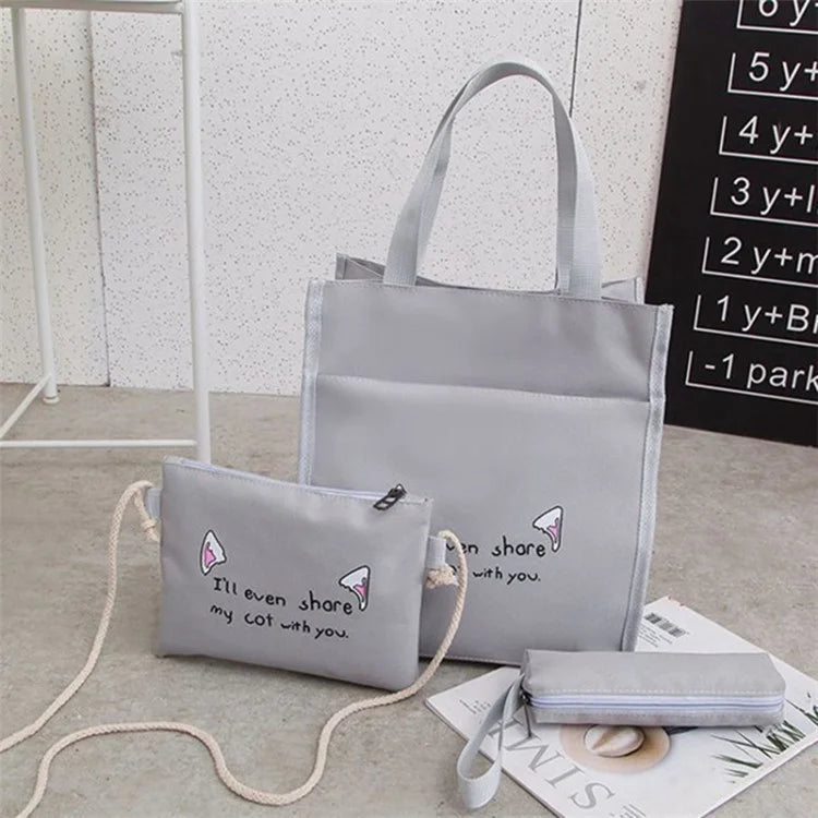 4Pcs Casual Student School Backpack Set Tote Sling Shoulder Bag Pencil Case Canvas Travel Bag Kit White