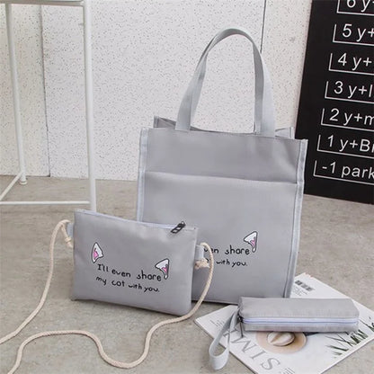 4Pcs Casual Student School Backpack Set Tote Sling Shoulder Bag Pencil Case Canvas Travel Bag Kit White