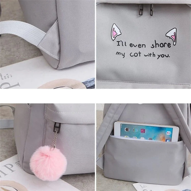 4Pcs Casual Student School Backpack Set Tote Sling Shoulder Bag Pencil Case Canvas Travel Bag Kit White