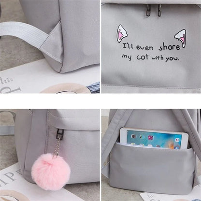 4Pcs Casual Student School Backpack Set Tote Sling Shoulder Bag Pencil Case Canvas Travel Bag Kit White