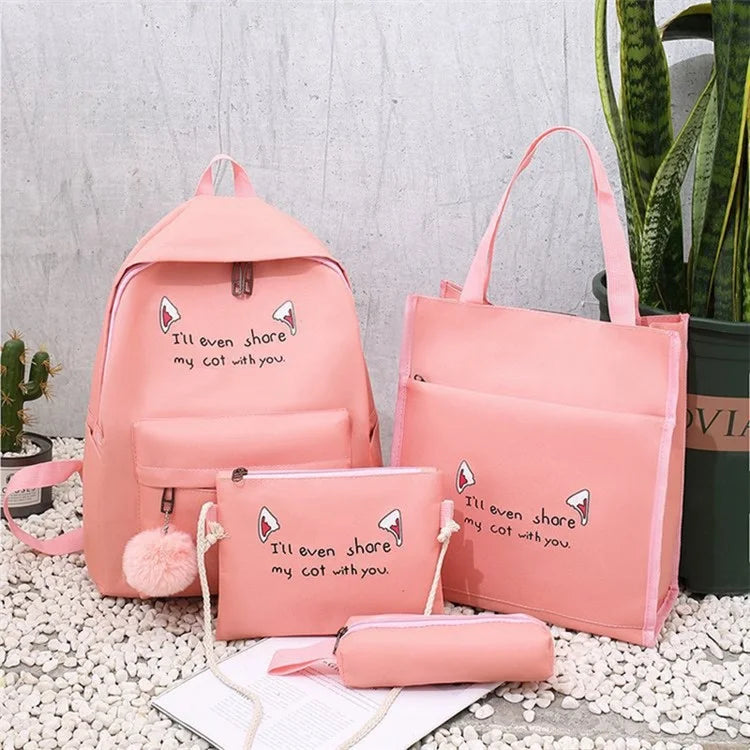 4Pcs Casual Student School Backpack Set Tote Sling Shoulder Bag Pencil Case Canvas Travel Bag Kit